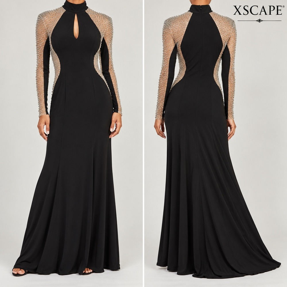 Xscape Gown Womens 2 Black Beaded Mesh Long Sleeve High Neck Keyhole Maxi Dress